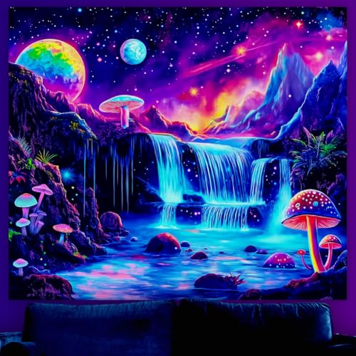 WEBEEDY UV Reactive Waterfall Tapestry Blacklight Galaxy Mushroom Landscape Tapestry Wall Hanging Aesthetic Glowing Tapestries for Bedroom Living Room Backdrop Party Decor 150x130cm