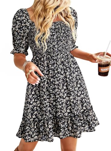 Image of Dokotoo Womens Casual Summer Dresses Short Sleeve Square Neck Smocked Boho Floral Sundress Flowy A-Line Mini Dress