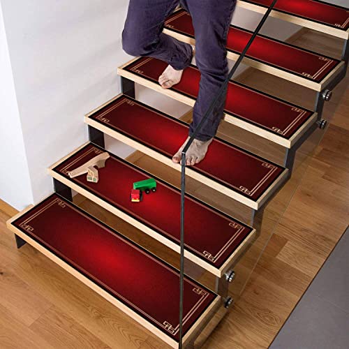 Red With Abstract Chinese Style And Gold Decoration Stair Treads Runner Non Slip Self Adhesive Carpet Safety Rug Mats For Wooden Steps Kids Dogs Indoor Outdoor Step Covers 13Pcs #TOP1