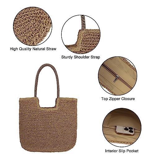 Image of Women Large Straw Beach Bag Handmade Woven Shoulder Bags Hobo Tote Handbag Purse for Summer(B-Brown)