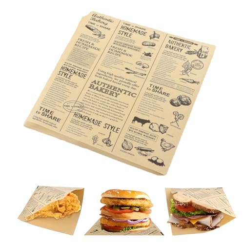 JYNVO 100 Feuilles Papier Emballage Alimentaire, 15 x 15cm Papier Journal Alimentaire, Papier D'Emballage Frites, Étanche et Résistant à l'huile, Style...
