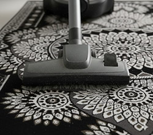 Image of Cotton Carpet 5x7 Feet Soft Velvet Rug for Living Room, Hall & Bedroom | Floor Carpet for Home | Designer Dari 150x210 cm | Non-Slip, Trendy & Durable Kalin Rectangle (Black)