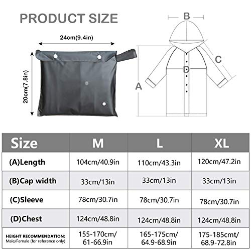 BEIAOSU Transparent Rain Poncho Raincoat Reusable Rain Jacket Waterproof Breathable Rain Cape Portable Raincoat for Women Men EVA Rainwear Hiking Travel M Black
