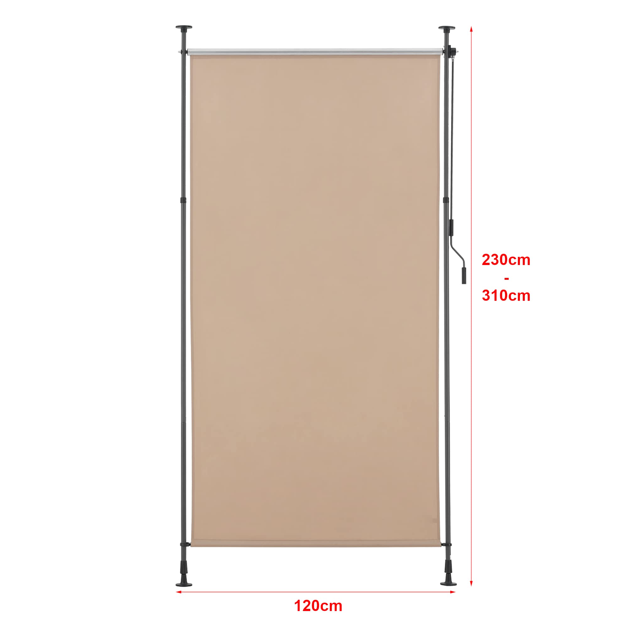 Store Extérieur aux Barres Téléscopiques sans Perçage pour Terrasse Brise-Vue Solide à Manivelle Polyester Aluminium Acier 104 x 270 x 310 cm Sable