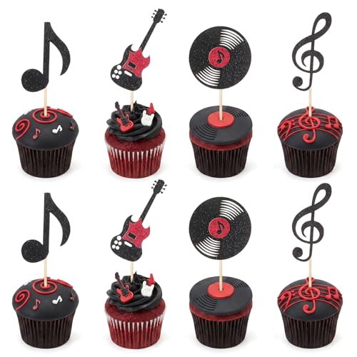 24 Pcs Music Cupcake Toppers, Glitter Guitar Cd Record Music Notes Cupcake Picks For Rock Music Concert Theme Baby Shower Wedding Birthday Party Cake Decorations Supplies