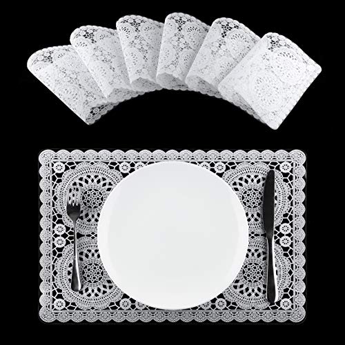 Snowkingdom 6 PCS White Lace Placemats with Clear Plastic Film for Dining Table Wipe Clean Washable Vinyl Doily Transparent Plastic PVC Table Mats