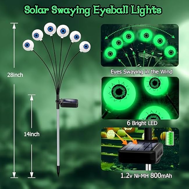 Kohlrabi Halloween Decorations Outdoor, 4 Pack 24 LED Solar Scary Eyeball Swaying Lights, Green Solar Firefly Lights Waterproof Outdoor Garden Light for Halloween Yard Garden Lawn Party Flower Bed