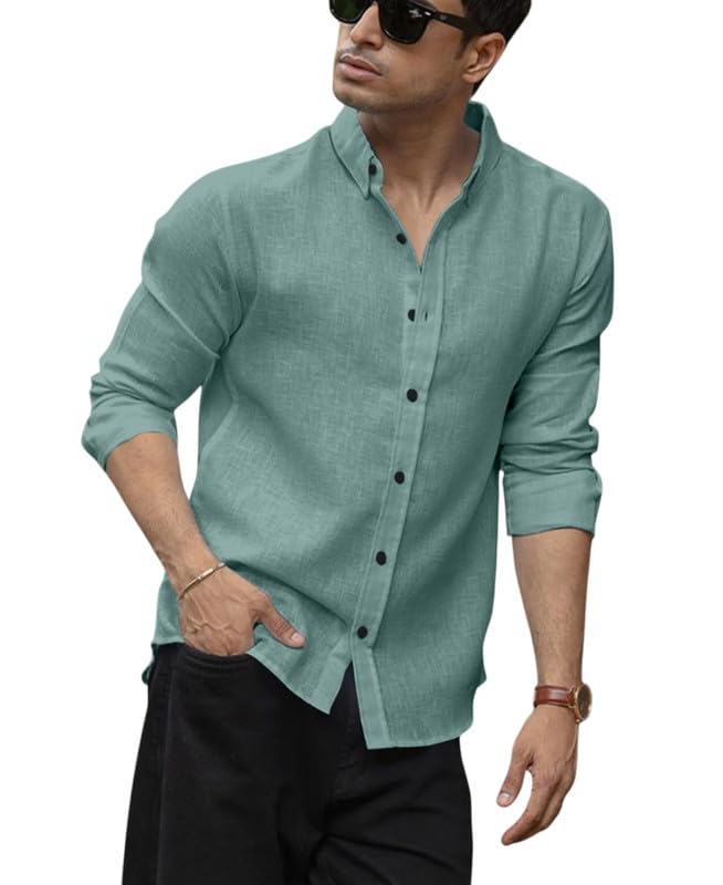 Image of Men's Solid Linen Cotton Shirt Casual Plain Full Sleeve Summer-Regular Fit Men Stylish Shirt DARK-LINEN-01