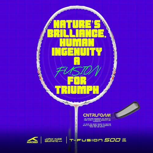 Image of Hundred T-Fusion 500 Attack Unstrung Badminton Racket with Full Cover | 84 Grams | Maximum Tension ≤32 to 34 lbs (White /Black)