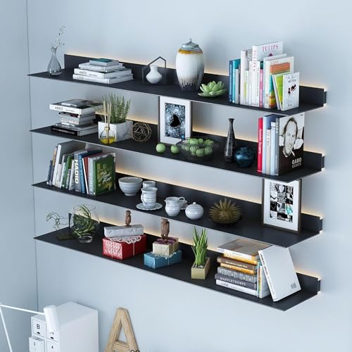 Étagère murale suspendue en métal avec LED lumineuse intégrée pour livres