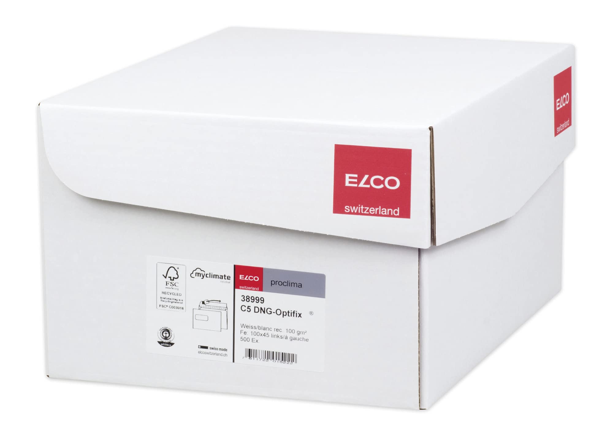 Elco Proclima FSC CO2 C5 neutralne z recyklingu koperty i uszczelnienie 100 gsm z okienkiem lewym 100 x 45 mm (Box Of 500) – białe