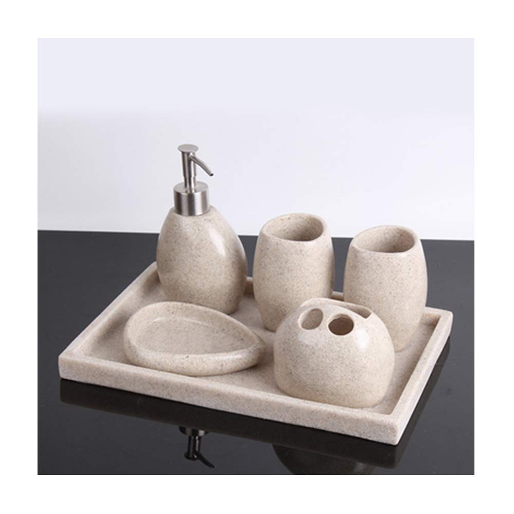 Estilo Moderno Juego de Accesorios de Baño de Resina Conjunto de Baño con Porta Cepillo de Dientes, 2 Tazas, Dispensador de Jabón Líquido, Jabonera, Creatividad de Arenisca,With right angle tray