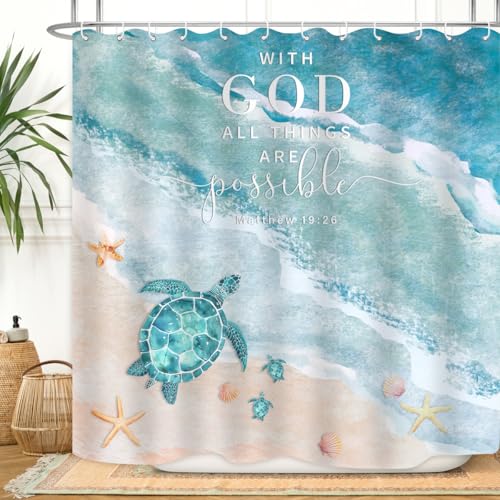 ZXMBF Beach Shower Curtain Coastal Ocean Waves Sea Turtle Seaside Shell Starfish Teal Blue 72Lx72W Inch Bathroom Decor Polyester Waterproof Fabric with 12 Plastic Hooks