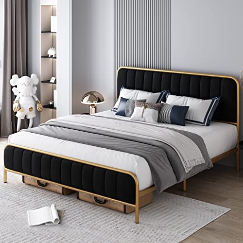 Hithos King Size Bed Frame, Upholstered Bed Frame With Button Tufted Headboard, Heavy Duty Metal Mattress Foundation With Wooden Slats, Easy Assembly, No Box Spring Needed (Golden/Black, King) #TOP2
