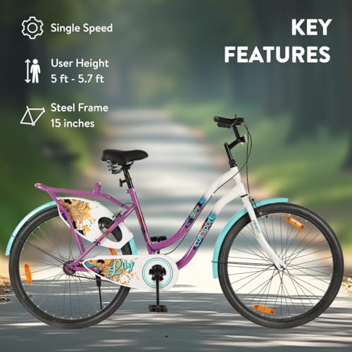 Image of CULTSPORT by Cult Lily Cycle for Girls /Women 26 inch, Bicycle for 13+Years with Steel Frame & Inbuilt Carrier I 85% Assembled with Rigid Fork, Frame Size :15 inch, Womens, Purple
