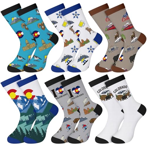Janmercy 6 Pairs Colorado State Socks Poly-cotton 20cm Crew Cuff Socks Colorful Co Prints Colorado Souvenirs for Men Women(Landscape View)