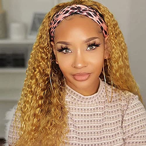 Lativ Headband Wrap Wig Long Strawberry Blonde Curly Synthetic Wig Water Wave Kinky Curly Headband Wig Natural Looking Headband attached glueless wigs for black women (Strawberry Blonde, 24 Inch)