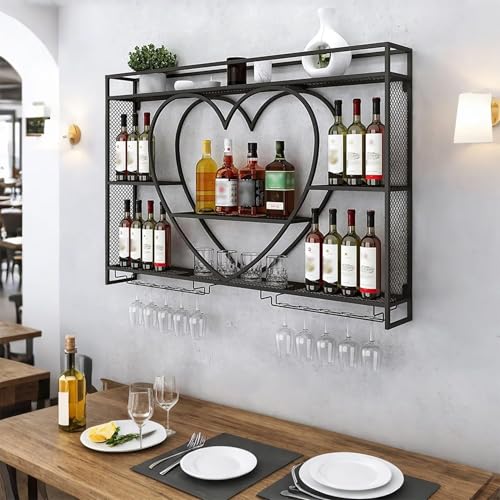 G2 Wall Mounted Wine Rack with LED Glass Holder, Liquor Bottles Shelves Display Storage Organizer Hanging Long Stemware Goblet Metal for Home Mini Bar Cellar Black (100x15x85 cm)