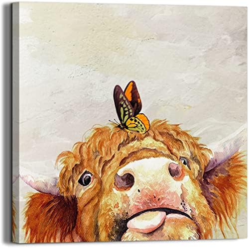 Cute Highland Cow Print Decor Rustic Farmhouse Wall Decor Retro Cow with Butterfly Pictures Wall Art Abstract Animal Canvas Paintings for Bedroom Bathroom Decor Funny Home Artwork (Brown, 12x12inch)