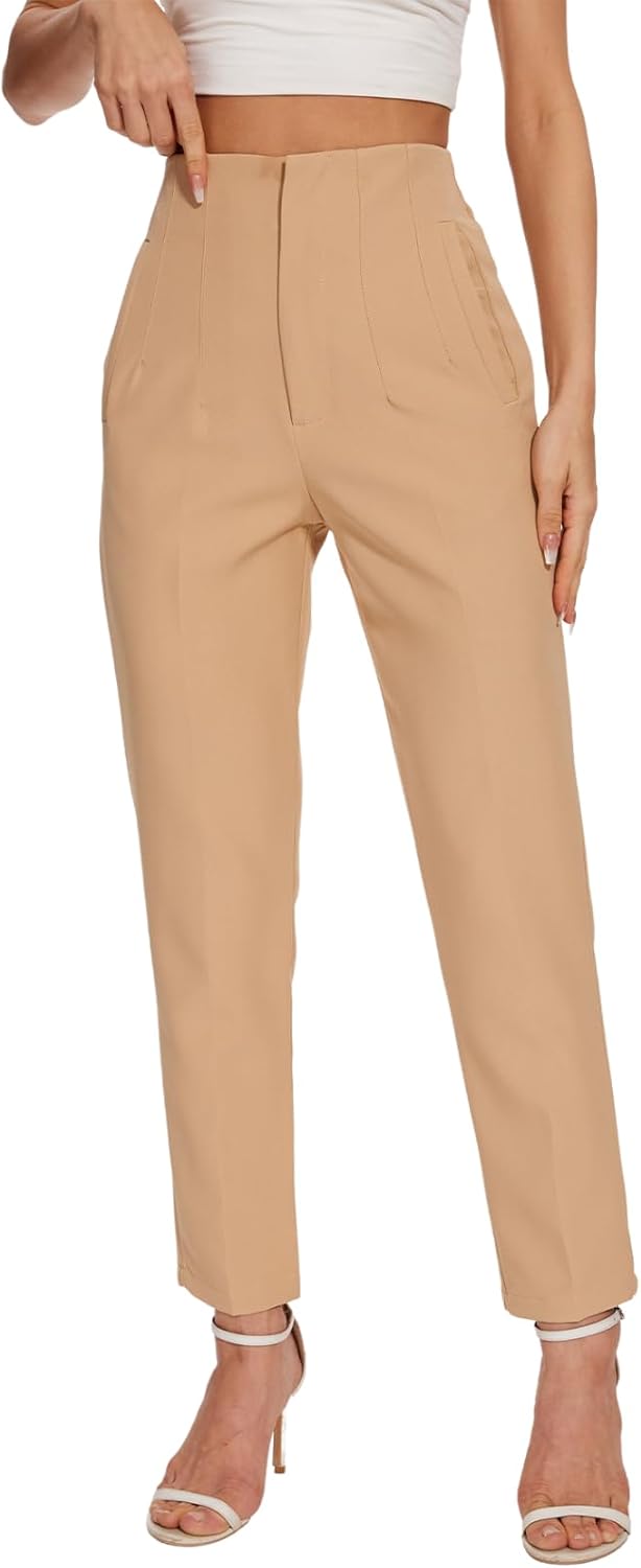 Women's High Waisted Pants - Straight Leg Dress Trousers with Pockets and Seam Design for Business Office Casual