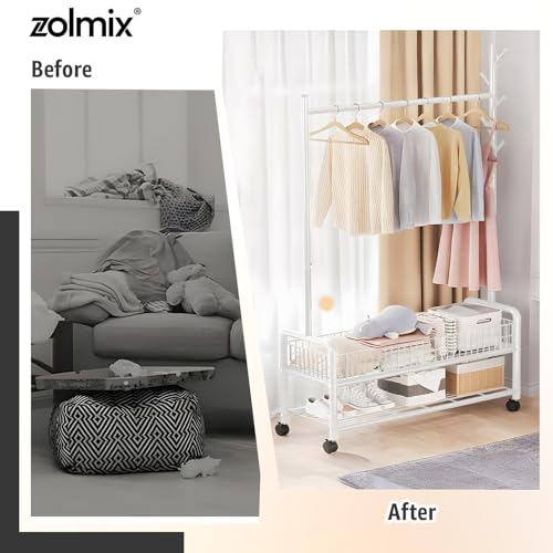 Image of ZOLMIX Metal Garment Rack With Wheels & 2 Bottom Mesh Shelves | Clothes Hanging Stand, Coat Hanger Stand For Home, Cloth Rack For Bedroom, Clothing Rack Organizer For Clothes, Bags & Shoes (white)