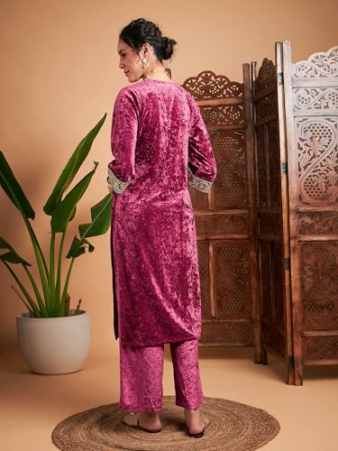 Image of Women Velvet Embroidered Straight Kurta
