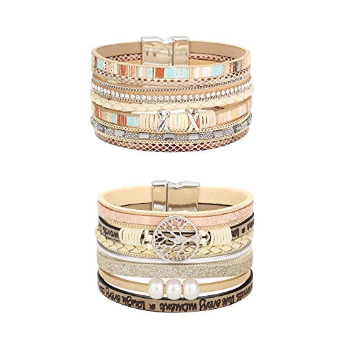 FIBO STEEL 2 Pcs Boho Wrap Bracelets for Women Tree of Life Braided Leather Rope Handmade Multi-Layer Cuff Bangle