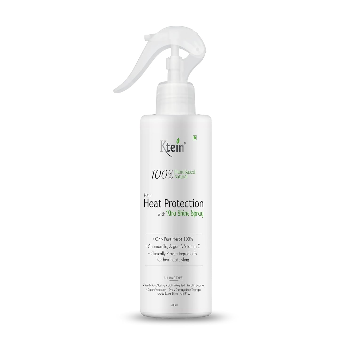 Ktein Hair Heat Protection Xtra Shine Spray, 100% Plant Based, with Argan, Chamomile & Vitamin E, All Hair Types, 200ml