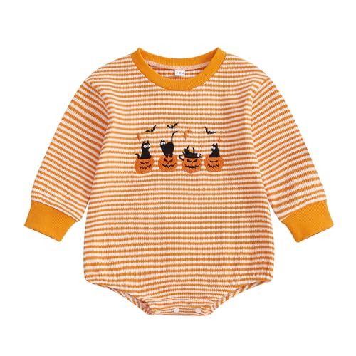 Image of Karuedoo Newborn Baby Boy Girl Halloween Outfit Pumpkin Ghost Embroidery Stripe Long Sleeve Bubble Romper Waffle Bodysuit