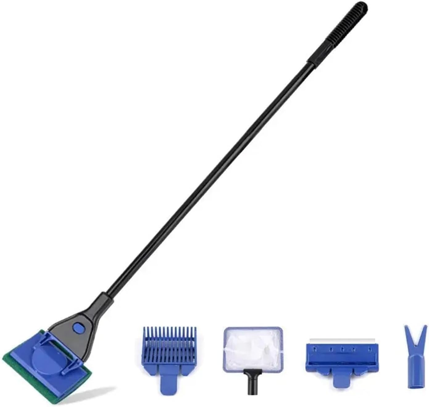5-in-1 Aquarium Cleaning Tool with Long Handle, Fish Tank Glass Brush & Algae Scraper, Aquatic Plant Clip for Aquarium Maintenance