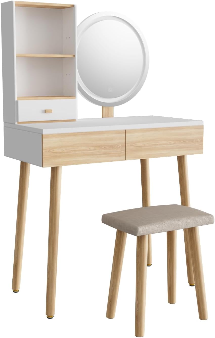 YOURLITE Makeup Vanity Desk with round mirror and stool, without items on top