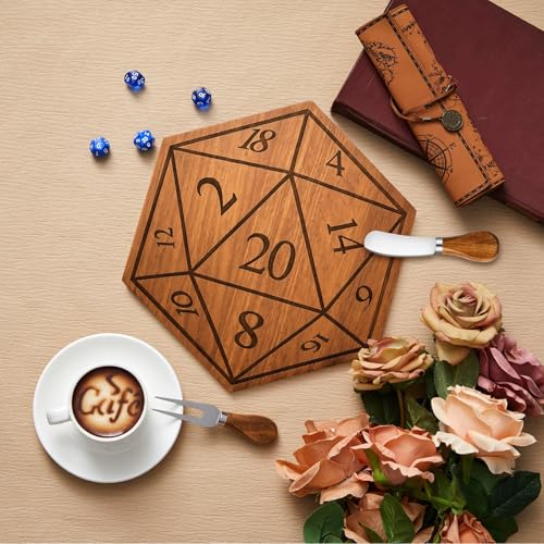 Tabla de cortar estilo D20 de madera con cuchillos miniatura 4