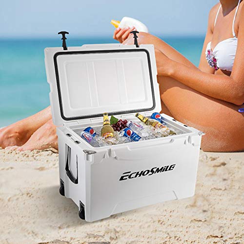 Echosmile 75 Quart Rotomolded Cooler With Wheels, 5 Days Ice Cooler, Portable White Ice Chest,120-Can Capacity, Built-In Bottle Opener, Bottle Holder, Fish Ruler, For Camping, Picnic, Outdoor Fishing #TOP7