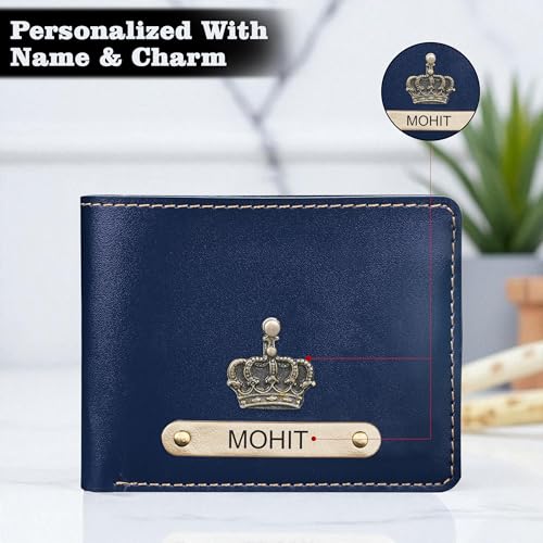 Image of The Wallet Store Personalized Leather Wallet | with Name and Charms | Best Gift for Husband, Boyfriend, Brother | for Anniversary, Birthday, Etc. (Blue)
