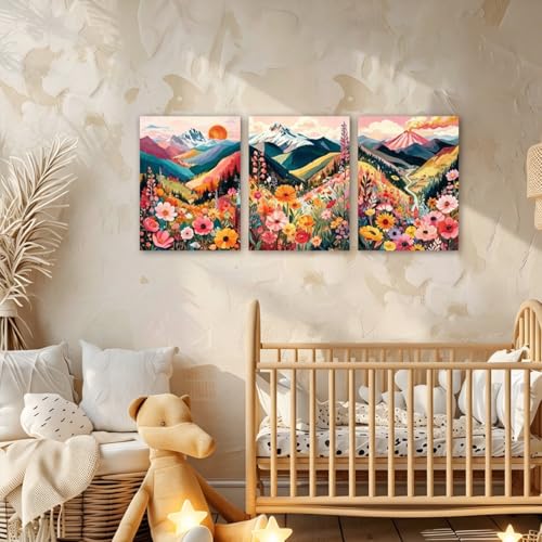 Image of Frimeeme Colorful Floral Mountain Wall Art Set of 3, 12x16in, Unframed