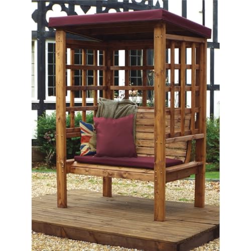 Image of Marlborough Timber Traditional Ewolth Two Seater Arbour With 1 x Bench Cushion Burgundy & 1 x Scatter Cushion Burgundy