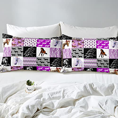 Horse Comforter Set Twin Western Cowgirl Farm Animal Bedding Set For Kids Girls Teens Women,Black White Zebra Stripe Grid Comforter Boho Arrow Rose Flower Quilted Duvet Sets 1 Pillow Case Purple #TOP2