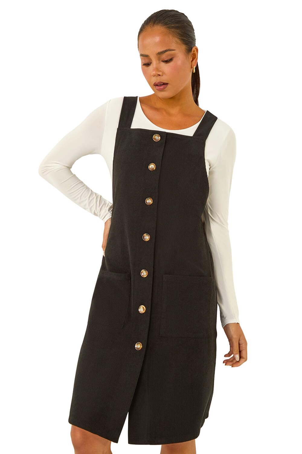 Roman Petite Women's Black Corduroy Pinafore Dress Size 18