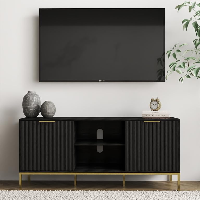 Zentrava 47 Modern TV Stand Mid Century Modern TV Stand for Living Room Entertainment Console with Wave-Design Doors Open Shelf Adjustable Shelf Black Gold