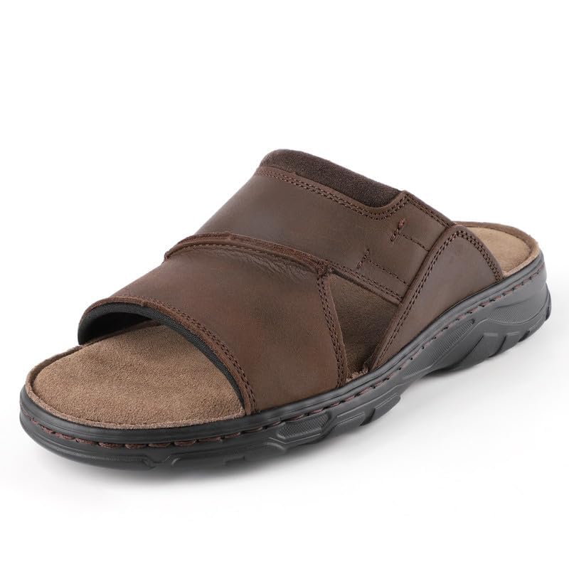 Image of riemot Mens Leather Sandals Memory Foam Footbed Summer Beach Sandal Indoor Outdoor Thick Sole Non-slip Lightweight Slides Brown