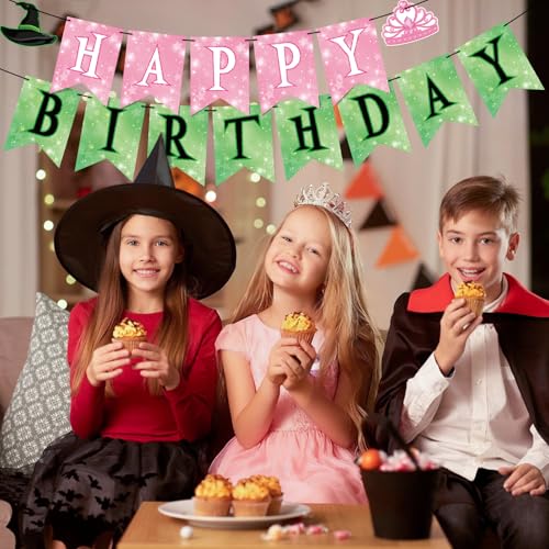 Image of Hooqict Happy Birthday Banner Pink and Green Birthday Party Decorations Princess Witch Party Banner Garland Sign for Kids Girls Night Galentine's Day Green and Pink Witch Theme Party Decorations