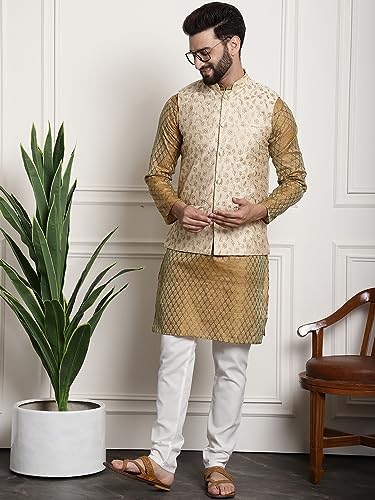 Image of SOJANYA (Since 1958 Men's Silk Blend Kurta Pyjama & Embroiderd Nehrujacket Combo