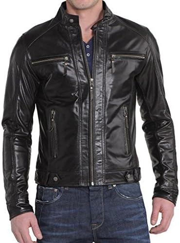 Men's German Naval Cow Hide Leather Pea Coat Biker Jacket C716