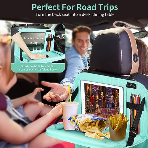 Image of LUCMO Car Backseat Organizer with Foldable Tablet Holder, Light Blue | 2 Pcs,6 Storage Pockets,Foldable Food Tray,Protectors Kick Mats,Travel Accessories,Seat Cover,Road Trip Essentials