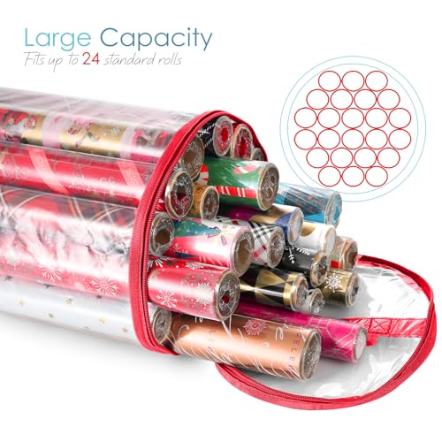 Hearth & Harbor Wrapping Paper Storage Container - Clear Wrapping Paper Holder Fits Up To 14 Rolls of 40" - Tear Proof Gift Wrap Organizer - Premium Bag for Easy Carrying, Red image 5