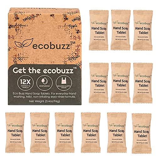 Foaming Hand Soap Refill Tablets - 12 Refills, by Eco Buzz (Makes 12 x 8.4 fl oz Moisturizing & Soft Hand Wash). For Use with Refillable Foaming Dispenser Bottle (Not Included) (Coconut & Vanilla)