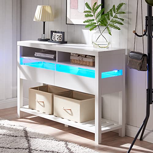 T4TREAM Entryway Table with LED Lights, 46 Inch Modern Console Table with Double Drawers & Open Shelves for Storage, Easy Assembly LED Sofa Table for Living Room, Entrance, Hallway, Solid White T4TREAM Entryway Table with LED Lights, 46 Inch Modern Console Table with Double Drawers & Open Shelves for Storage, Easy Assembly LED Sofa Table for Living Room, Entrance, Hallway, Solid White