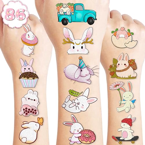 Bunny Temporary Tattoos 8 Sheets 85PCS Rabbit Bunny Party Decorations Favors Supplies Easter Bunny Theme Birthday Cute Tattoo Stickers Christmas Gifts for Boys Girls Kids Class School Prizes Carnival