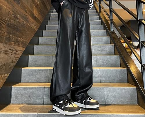 Men’S Autumn Winter PU Leather Motorcycle Pants Wide-Leg Windproof Mopping Trousers All-Match Casual Pants3