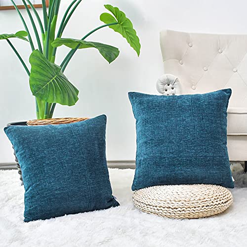 Image of CaliTime Pack of 2 Cozy Throw Pillow Covers Cases for Couch Sofa Home Decoration Solid Dyed Soft Chenille 12 X 12 Inches Ocean Blue